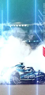 A racing car surrounded by smoke with electric blue highlights and dynamic flair.