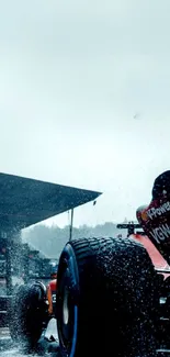 Racing car on a rainy track with dynamic splashes.