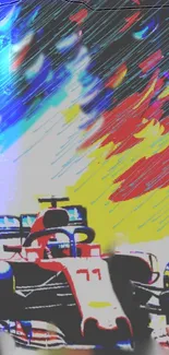 Colorful racing car illustration with vibrant streaks of yellow and red.