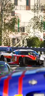 Exciting racing scene with colorful cars in motion.