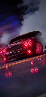 Dynamic racing car with smoke and vibrant lights.