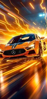 Orange racing car with fiery effects.