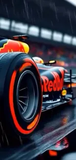 Dynamic racing car on a wet track.