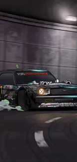 Dynamic racing car in a tunnel drift scene.