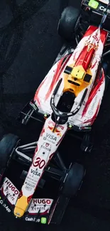 Top view of a dynamic racing car on track.