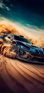Racing car speeding through desert sand, vibrant and adventurous.