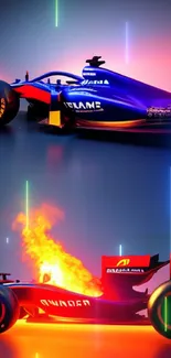 Dynamic racing car wallpaper with vibrant flames.