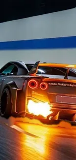 Sleek racing car with flaming exhaust on track, vibrant and dynamic.