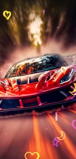 Red racing car bursts with speed and dynamic effects.