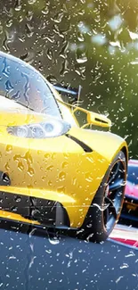 Sleek yellow racing car on track with green backdrop.