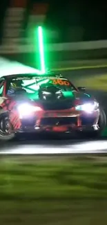 Dynamic racing car drifting on a track at night scene.