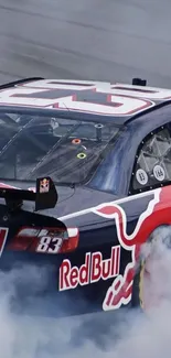 High-energy race car emitting smoke on track in vivid colors.