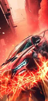 Red racing car with flames and smoke in a dynamic scene.