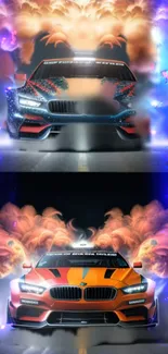 Vibrant wallpaper featuring dynamic racing cars with fiery speed effects.