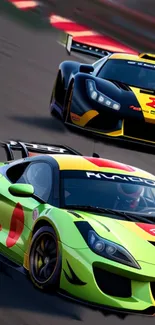 Vibrant racing cars on track, showcasing speed and dynamic design.