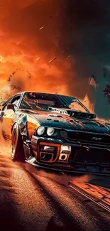 High-speed racing car on a fiery sunset road, showcasing dynamic motion.