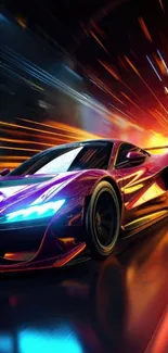 Dynamic racing car with neon lights in motion.