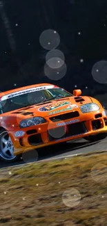 Orange racing car speeding on track.