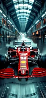 Red racing car in a futuristic tunnel setting.