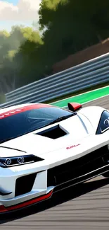 Sleek white racing car speeding on a track, dynamic mobile wallpaper.