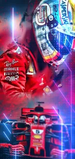 Red-themed racing car and helmet mobile wallpaper.