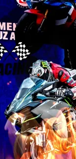 A vibrant racing-themed collage wallpaper with cars and bikes.