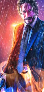 Mysterious figure in suit under rainy night sky with vivid blue and orange hues.