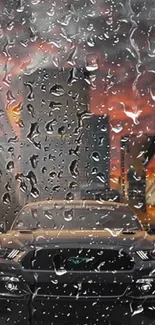 Rainy night cityscape with car and neon lights.