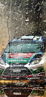 Rally car splashing through water in action-filled wallpaper.