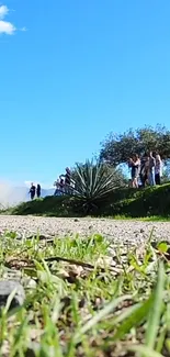 Rally car speeding on a dirt path against a bright blue sky and green landscape.