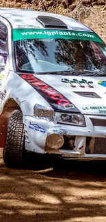 Exciting rally car speeding on dirt track.