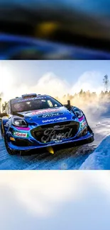 Blue rally car speeding on snow-covered road.