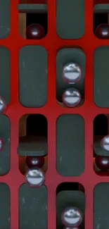 Dynamic red and black wallpaper with metallic spheres.