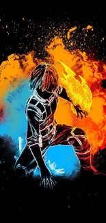 Superhero with fiery and icy effects in vibrant colors.