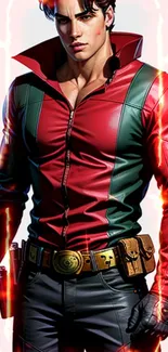 Warrior in red and green attire with energetic lighting on mobile screen.