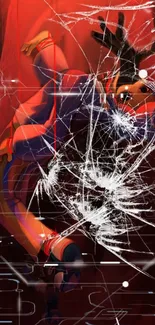 Anime wallpaper with red background and shattered glass effect.