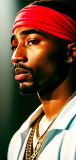 Man wearing a red bandana with dramatic lighting, emphasizing style and bold color.