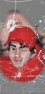 Cartoon character in red cap with glass effects on mobile wallpaper.