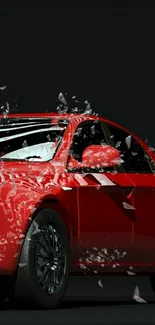 Dynamic red car with shattered glass effect on black background.