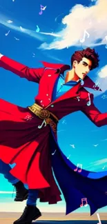 Animated character dancing in red coat against a bright sky with musical notes.