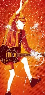 Vibrant illustration of a guitarist on a red background with shattered glass effect.