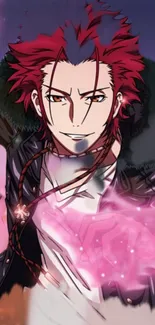 Anime character with red hair and glowing powers in a dynamic pose.