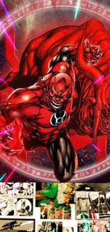 Red Lantern superhero in dynamic pose on vibrant wallpaper.