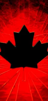 Black maple leaf on a dynamic red wallpaper.