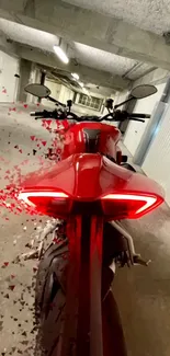 Stylish red motorcycle in a garage with 3D effects and modern touches.