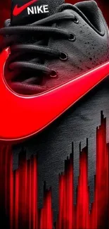 Red Nike sneaker with bold artistic design.