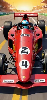 Red racing car on the track in dynamic motorsport scene.