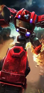 Dynamic red robot in action with explosion background.