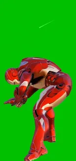 Dynamic red robot on bright green background.