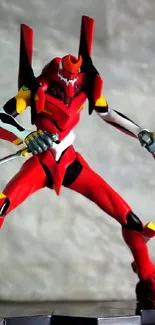 Anime-style red robot in dynamic action pose.